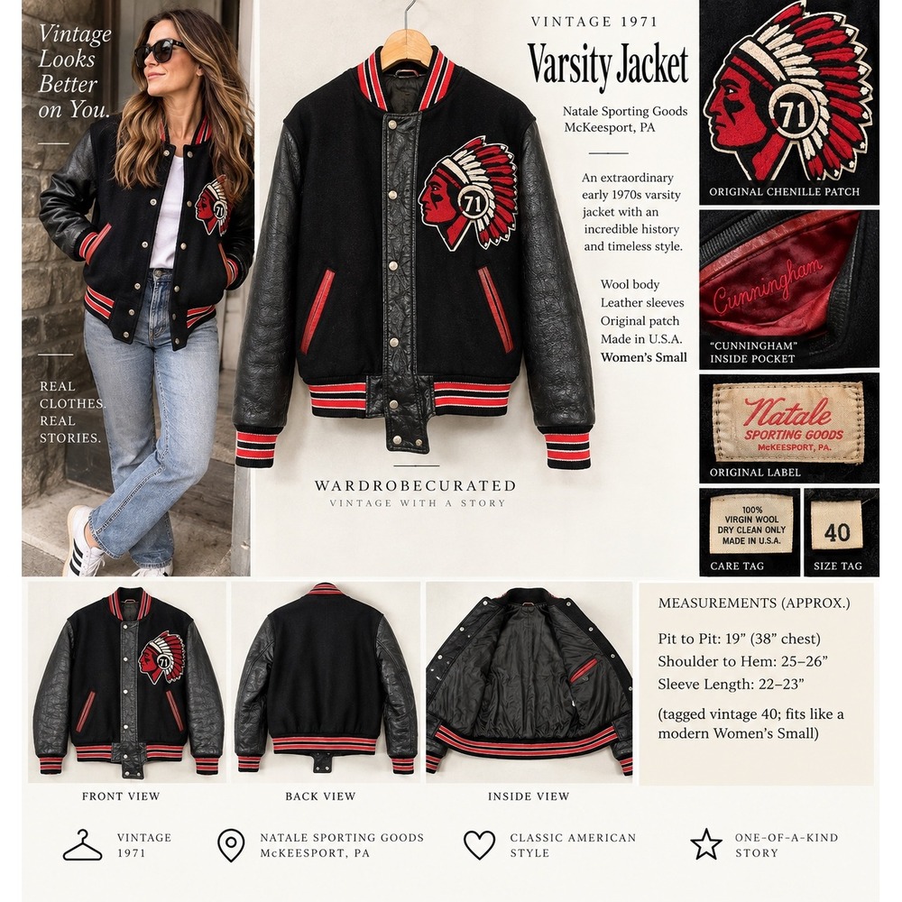 Vintage 1971 Natale Sporting Goods Varsity Jacket Wool Leather Black Red Small
